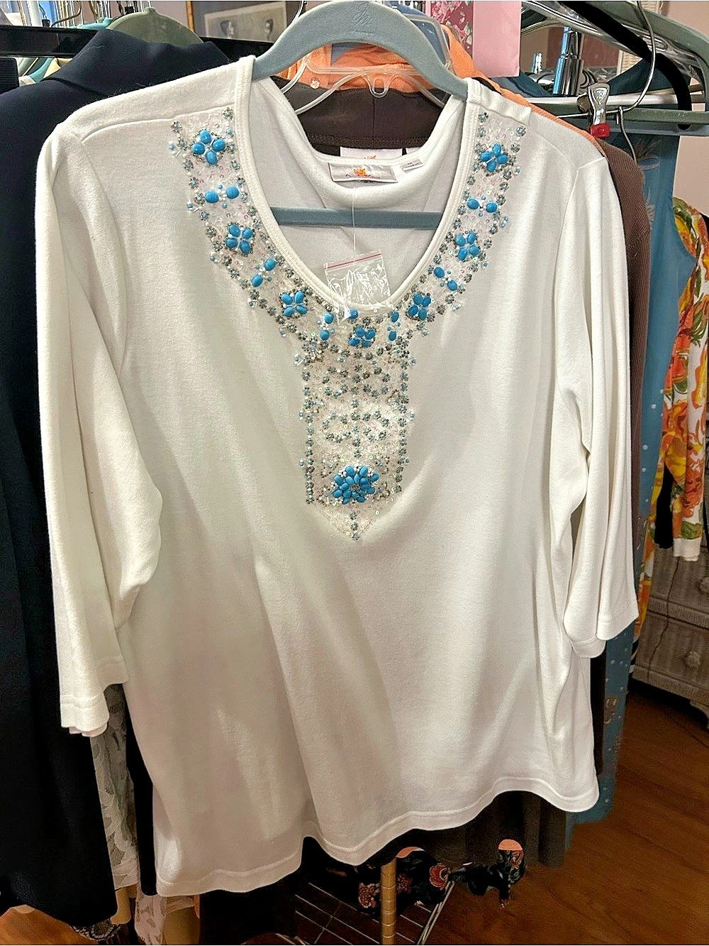 Quacker factory Embellished Tunic with Turquoise Baubles White & Blue